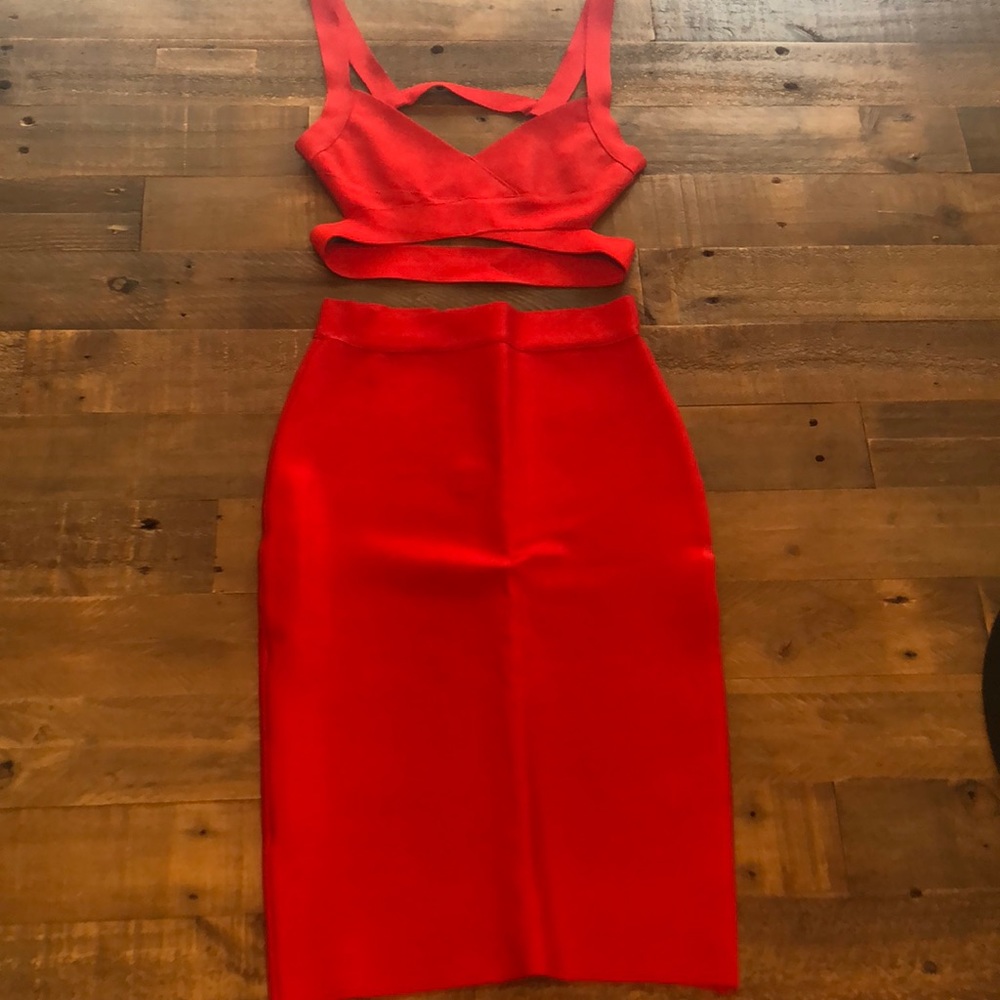 Red two piece bandage skirt and matching top